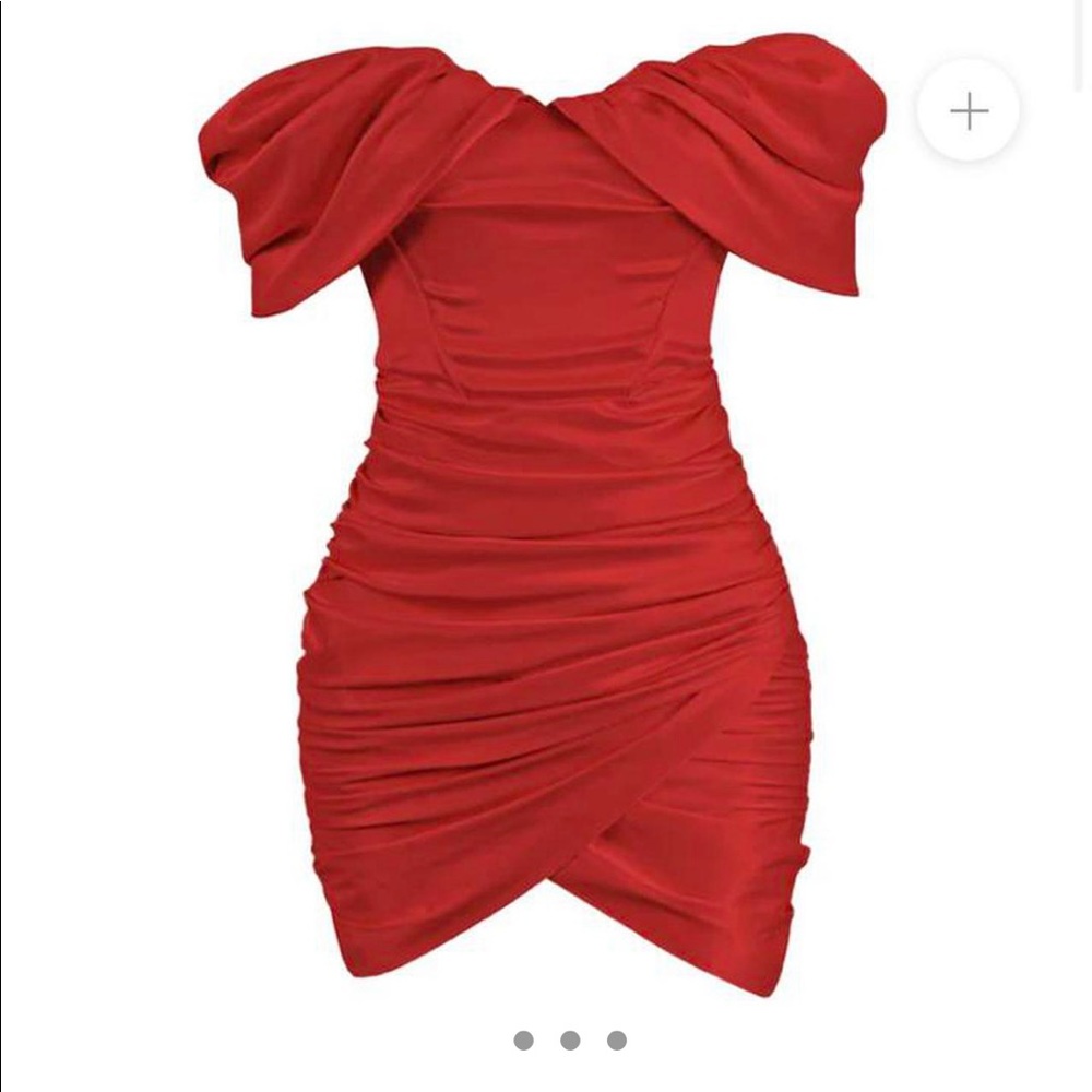 Leau Red Satin Off The Shoulder Mini Ruffled Dress